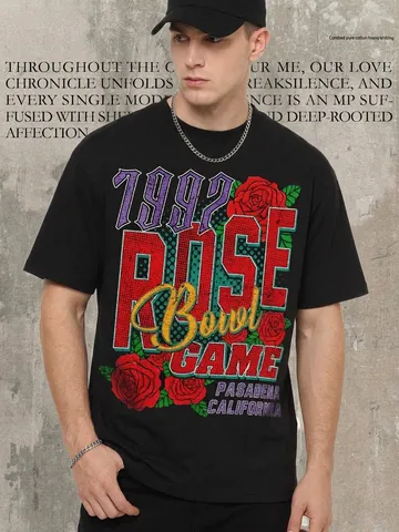 Maglietta Grafica American Retro 1992 Rose Bowl Game Uomo Pesante Cotone Lavato Manica Corta Streetwear Vintage Top