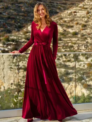 Robe Longue en Velours à Col en V pour Femmes Élégante Robe de Soirée Demoiselle d'Honneur Coupe Slim Trapèze