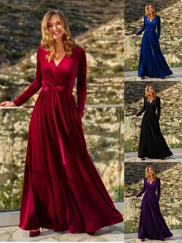 Robe Longue en Velours à Col en V pour Femmes Élégante Robe de Soirée Demoiselle d'Honneur Coupe Slim Trapèze