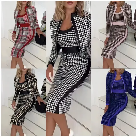 Γυναικείο Casual Σετ Τριών Τεμαχίων Τυπωμένο Μακρυμάνικο Ζακέτα Λεπτό Γιλέκο Και Midi Φούστα Top And Bottom Κομψό Κοστούμι