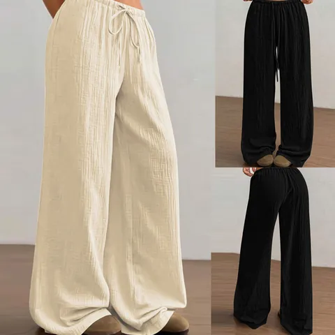 Pantaloni Casual da Donna in Poliestere a Gamba Larga Vita Alta Elastica con Coulisse Tinta Unita Trama Increspata Pantaloni Larghi per Uso Quotidiano