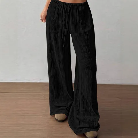 Pantaloni Casual da Donna in Poliestere a Gamba Larga Vita Alta Elastica con Coulisse Tinta Unita Trama Increspata Pantaloni Larghi per Uso Quotidiano