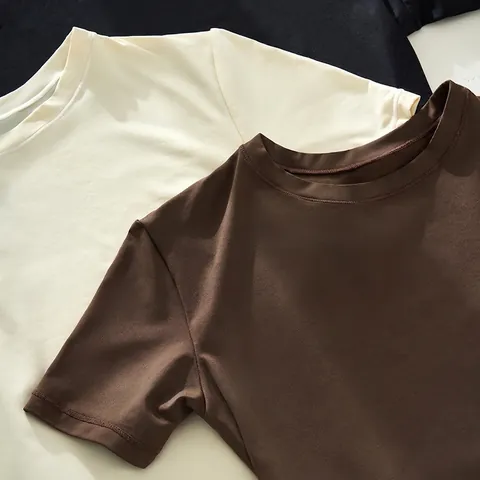 Maglietta da Donna Taglio Slim Manica Corta Alta Elasticità Girocollo Top Sportivo Morbido Nylon Spandex Base Layer Palestra