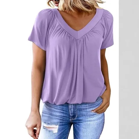 T-Shirt Plissé à Col en V et Manches Raglan pour Femmes Décontracté Quotidien Vêtement d'Intérieur Top Couleur Unie Manches Courtes Mode
