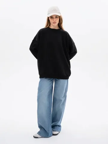 Damen Casual Oversized Rundhalsausschnitt Sweatshirt Einfarbig Verdicktes Pullover Top Europäischer Hip Hop Stil Lockere Langarm Mode Sweatshirt