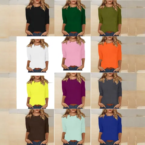 Damen Rundhalsausschnitt T-Shirt Baumwolle Spandex Mischung Dreiviertelarm Einfarbig Lockeres Top Lässige Tägliche Pendel Mode Kleidung