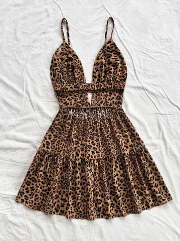 Abito Mini Sexy da Donna Scollo a V Profondo Stampa Leopardata Senza Schienale Orlo con Volant Cinturino Tropicale Festa Vacanza