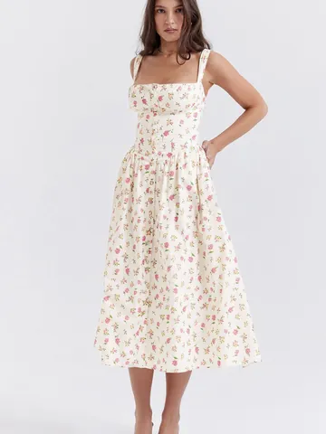 Robe Midi à Bretelles en Polyester Élégante Bordure en Dentelle Boutonnée Devant Lacet Dos Taille Haute Robe Trapèze Été