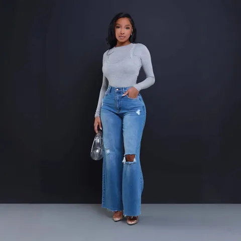 Jeans Donna a Vita Alta Strappati Gamba Larga Larghi Dritti Denim Lavato Bordo a Taglio Vivo Misto Cotone Streetwear Moda Pantaloni