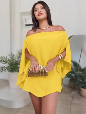 Dames Off-The-Shoulder Top met Gespleten Mouwen Effen Kleur Elegant Forens Geweven Polyester Blouse Sexy Zomer Club Party Top
