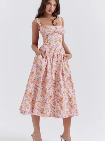 Robe Midi à Bretelles en Polyester Élégante Bordure en Dentelle Boutonnée Devant Lacet Dos Taille Haute Robe Trapèze Été