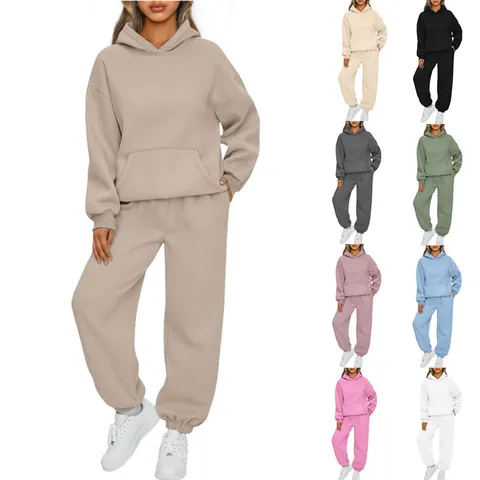 Damen Oberteil und Hose Casual Hoodie und Jogginghose Set Einfarbig Locker Sportbekleidung Warmer Trainingsanzug