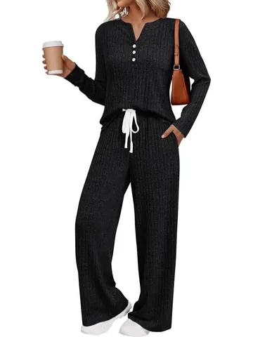 Damen Herbst Winter Lässig Gestrickt Gerippt Langarm Top Und Weites Bein Hose Locker Outfits Warm Weich Loungewear