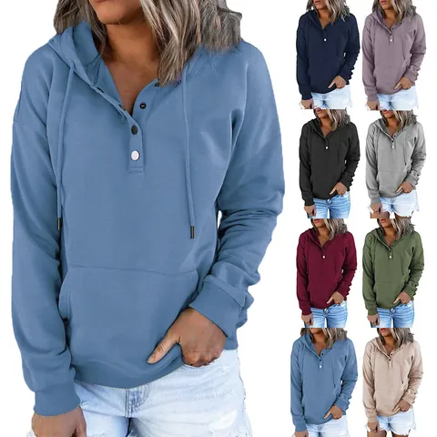 Sudadera con Capucha Casual Henley para Mujer Manga Larga Botones Cuello en V Pulóver Top con Bolsillo Ajuste Holgado