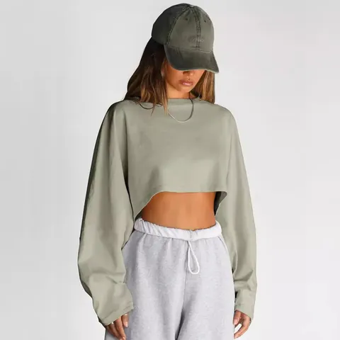 Women's Casual Combed Cotton Crew Neck Cropped Sweatshirt Long Sleeve Solid Color Streetwear Drop Shoulder Knit Top