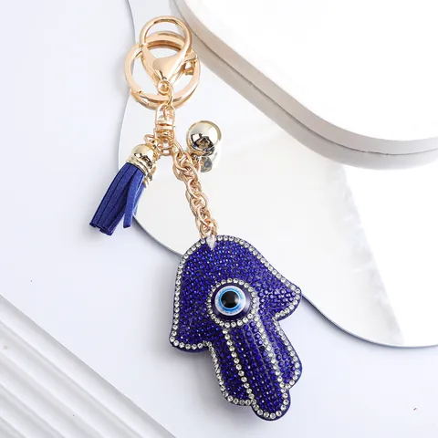 Porte-clés Main de Fatma en Strass Œil Maléfique Charme de Sac Paume en Cristal Bleu Avec Gland Anneau en Métal Doré