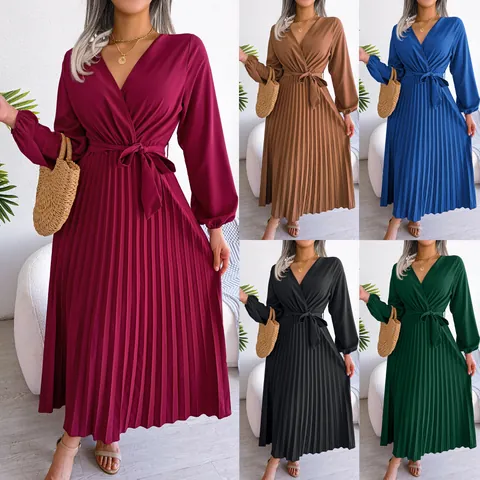 Elegantes Damen V-Ausschnitt Plissee Maxikleid Langarm Einfarbig Hohe Taille Bindeband Herbst Kleid Polyester Partykleid