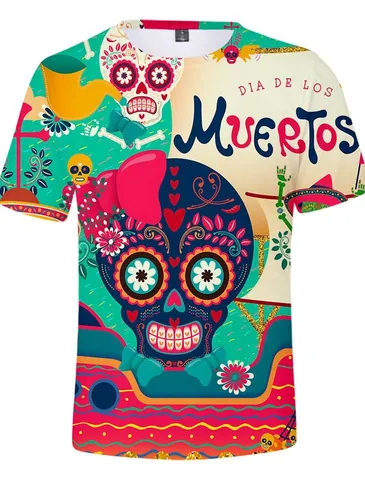 Mexico Dag van de Doden Heren T-Shirt Suikerschedel Print Korte Mouw Top Feestelijk Grafisch Casual Polyester Tee