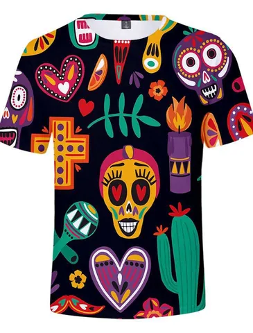 Mexico Dag van de Doden Heren T-Shirt Suikerschedel Print Korte Mouw Top Feestelijk Grafisch Casual Polyester Tee