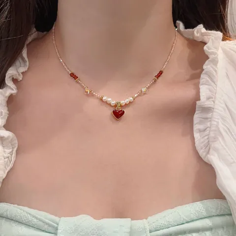 Elegant Copper Crystal Freshwater Pearl Double Sided Heart Pendant Necklace Beaded Choker For Women Luxury Fashion Jewelry
