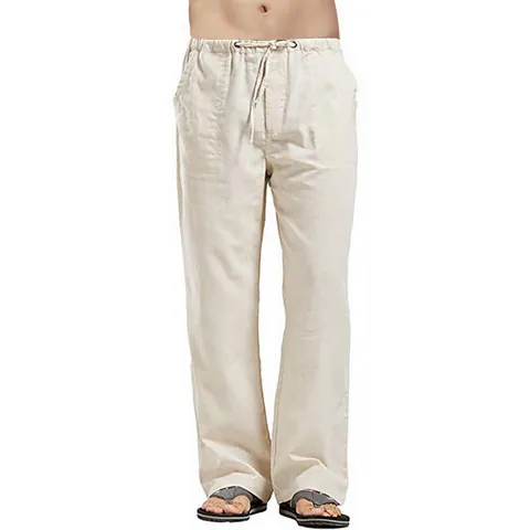 Pantalones Casuales de Lino y Poliéster para Hombre Ajuste Holgado Cintura con Cordón Color Sólido Estilo Cargo Pantalones de Playa de Verano
