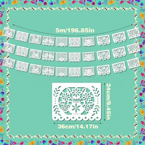 Pancarta Papel Picado Mexicana Blanca Calada Patrón Pájaros Flores Plástico Para Decoración De Bodas Fiestas Eventos