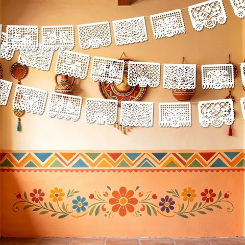 Pancarta Papel Picado Mexicana Blanca Calada Patrón Pájaros Flores Plástico Para Decoración De Bodas Fiestas Eventos