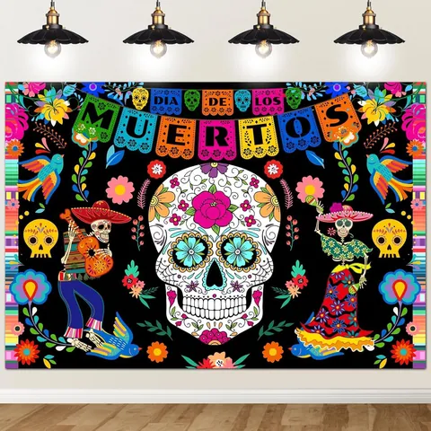 Striscione Messicano per il Giorno dei Morti Sfondo Teschio di Zucchero Scheletro Floreale Poliestere Poster Decorazione Festa Halloween Dia De Los Muertos