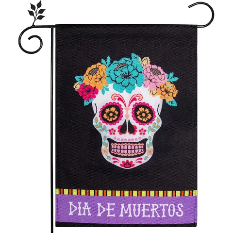 Drapeau de Jardin Jour Des Morts Mexicain Dia De Los Muertos Crâne de Sucre Motif Floral Drapeau Décoratif en Polyester