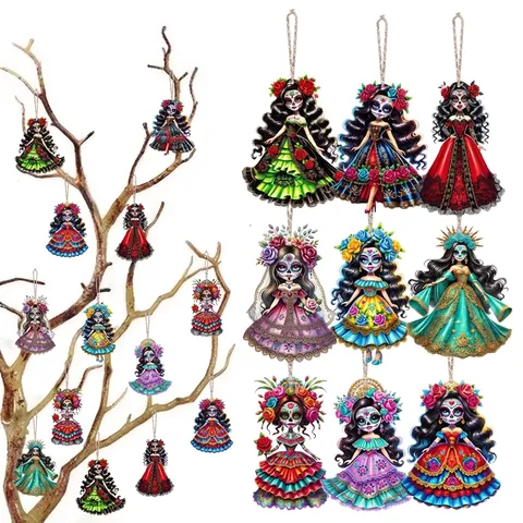 Mexikanischer Tag Der Toten Skelett Holz Hängende Dekorationen Bunte Calaveras Schedel Figuren Ornament Für Halloween Party Heimtextilien