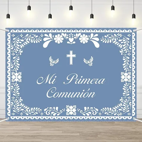 Mexican Baptism Party Decoration God Bless First Communion Backdrop Banner Polyester Floral Religious Photo Background