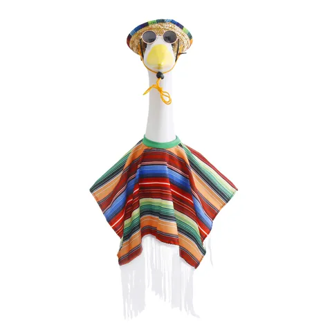 Festive Garden Goose Costume Mexican Fiesta Outfit Colorful Poncho Straw Hat Sunglasses Yard Outdoor Decor