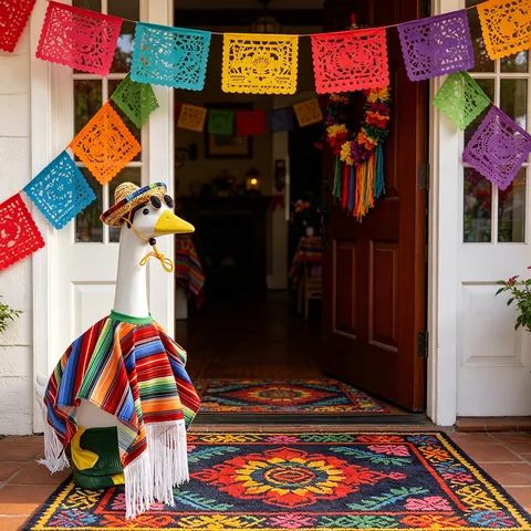 Festive Garden Goose Costume Mexican Fiesta Outfit Colorful Poncho Straw Hat Sunglasses Yard Outdoor Decor