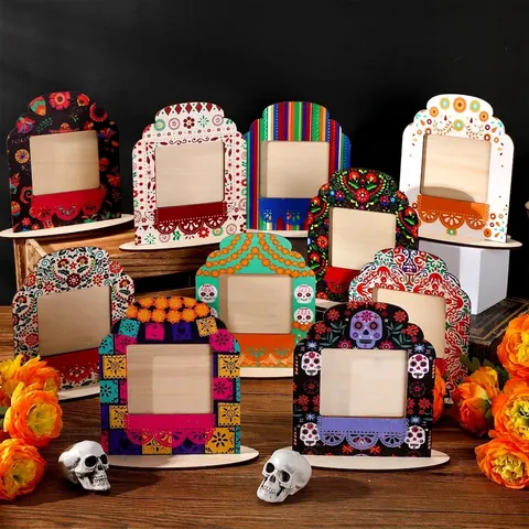 Mexikanischer Tag der Toten Holz Fotorahmen Totenkopf Blumen Schreibtisch Ornament Altar Halloween Deko Holz Handwerk
