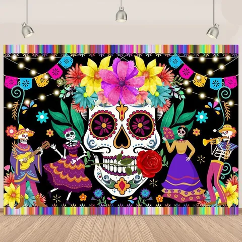 Sfondo Messicano del Giorno dei Morti Decorazione Festa Día de los Muertos Teschio di Zucchero Sfondo Fotografico Floreale Arazzo in Poliestere Casa