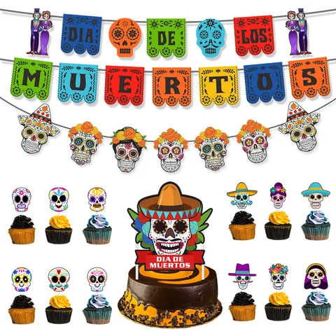 Set Decorazioni Festa Messicana Giorno Dei Morti Banner Teschi Zucchero Carta Topper Per Torta Centrotavola A Nido DApe Dia De Los Muertos