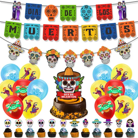 Décorations De Fête Mexicaine Du Jour Des Morts Bannière Crâne En Sucre Ballons En Latex Décorations De Gâteaux Fournitures Festives