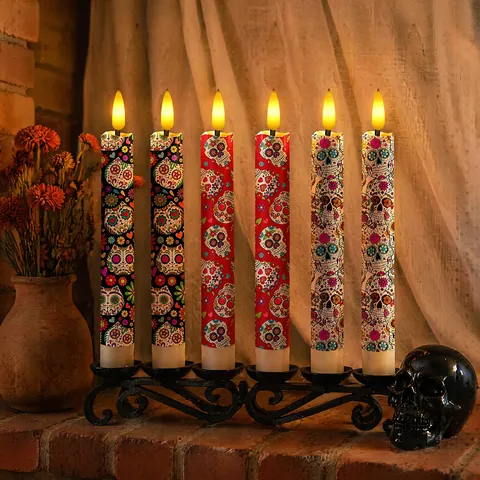 Candele Elettroniche a LED Giorno Dei Morti Motivo Messicano Sugar Skull Candele a Stelo Lampeggianti Bianco Caldo Decorazione Atmosfera Halloween