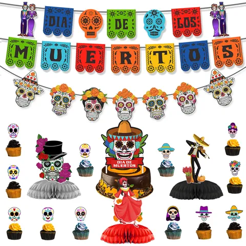 Σετ Διακόσμησης Πάρτι Ημέρα Των Νεκρών Dia De Los Muertos Πανό Με Κρανίο Ζάχαρης Μπαλόνια Διακοσμητικά Τούρτας Εορταστικά Είδη