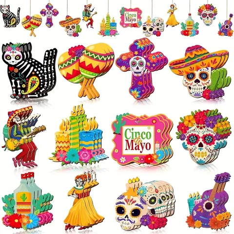 Mexican Day Of The Dead Wooden Hanging Ornaments Colorful Sugar Skull Cat Guitar Wood Sign Halloween Party Home Decoration Pendants