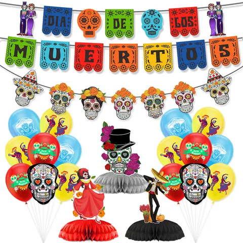 Décorations De Fête Mexicaine Du Jour Des Morts Bannière Crâne En Sucre Ballons En Latex Décorations De Gâteaux Fournitures Festives