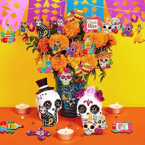 Mexican Day Of The Dead Wooden Hanging Ornaments Colorful Sugar Skull Cat Guitar Wood Sign Halloween Party Home Decoration Pendants