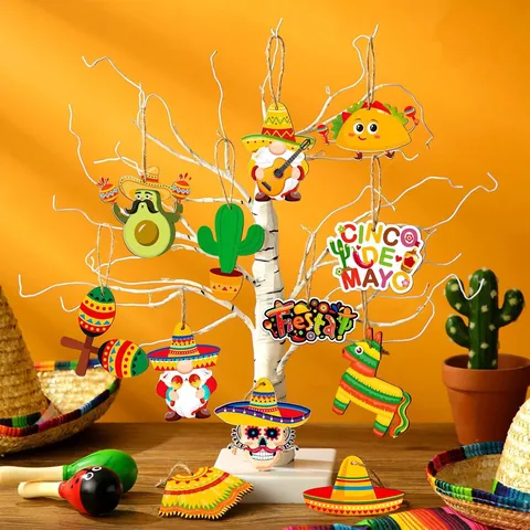 Mexican Fiesta Wood Hanging Ornaments Colorful Printed Cactus Taco Sombrero Piñata Designs For Carnival Party Decoration