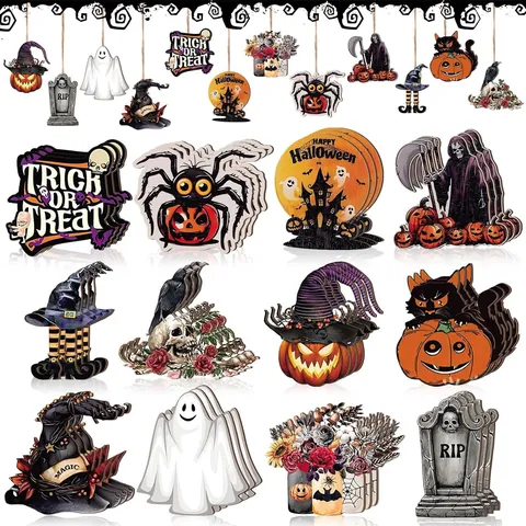 Decorazioni Appese in Legno per Halloween Zucca Gatto Nero Fantasma Pipistrello Cappello da Strega Decorazioni per Feste Albero Casa Pendente in Legno