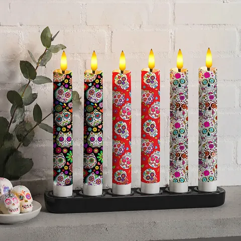 Candele Elettroniche a LED Giorno Dei Morti Motivo Messicano Sugar Skull Candele a Stelo Lampeggianti Bianco Caldo Decorazione Atmosfera Halloween