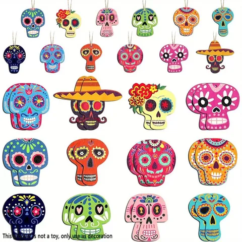 Mexican Day Of The Dead Wooden Skull Pendants Halloween Decoration Sugar Skull Floral Pattern Wood Party Ornaments