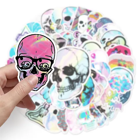 Holografische Totenkopf Graffiti Aufkleber Wasserdicht Laser DIY Deko Aufkleber Für Skateboard Laptop Gepäck Wasserflasche