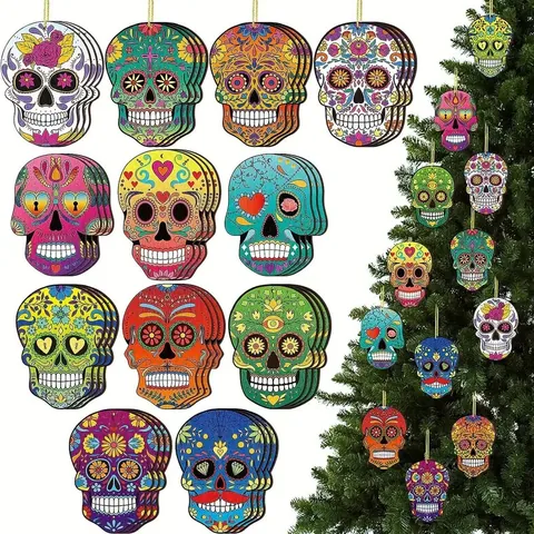 Mexican Day Of The Dead Wooden Skull Pendants Halloween Decoration Sugar Skull Floral Pattern Wood Party Ornaments