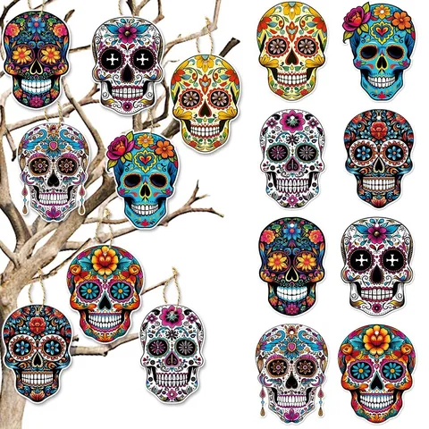 Jour des Morts Crâne de Sucre Bois Ornements Suspendus Mexicain Fête Décorations Halloween Squelette Bois Étiquettes Festif Fournitures Pour Maison Bureau
