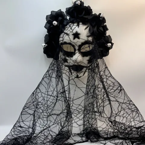 Mexican Day Of The Dead Halloween Mask Gothic Horror Lace Veil Artificial Rose Floral Headpiece For Carnival Cosplay